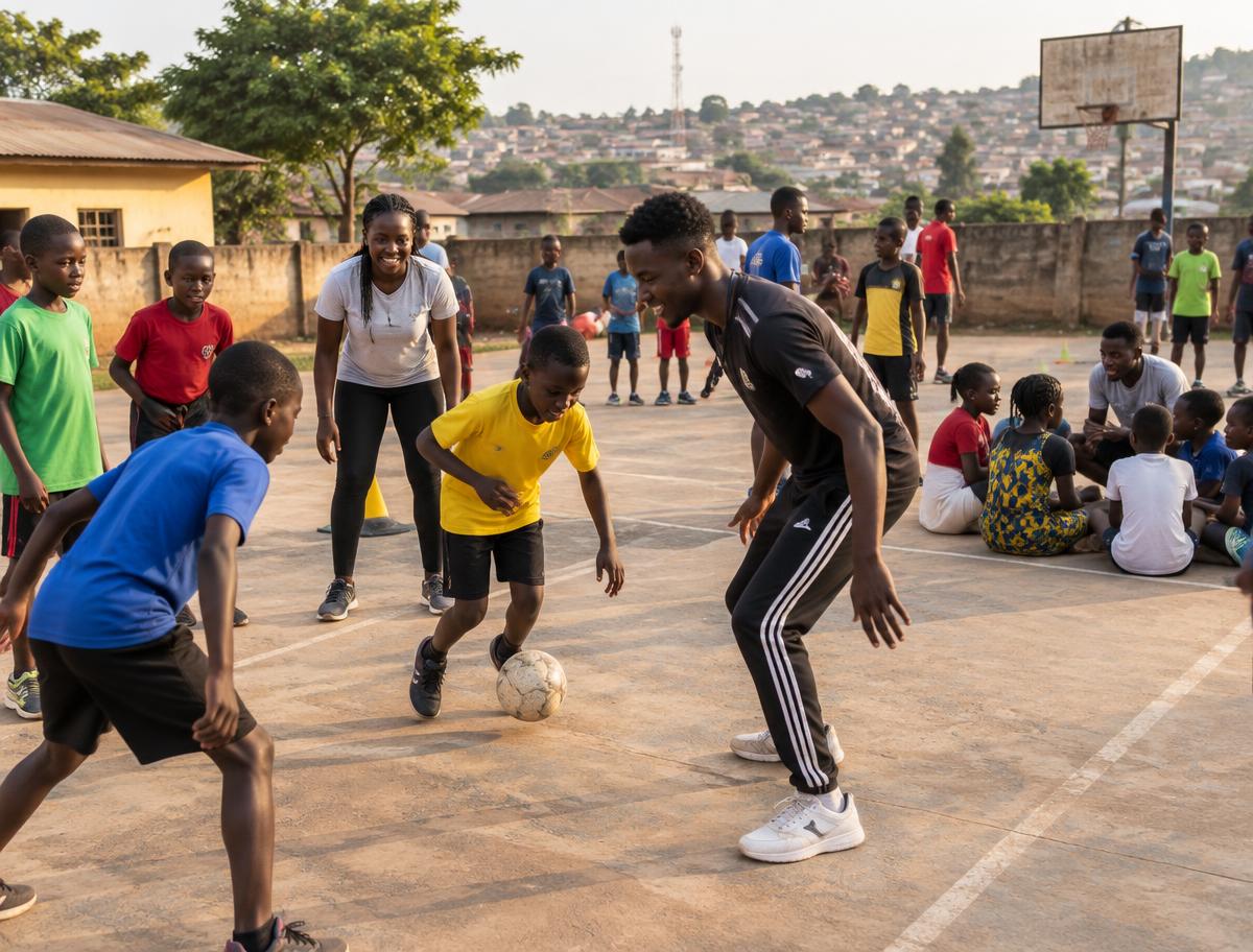 Youth and mentors playing sports together on a community court