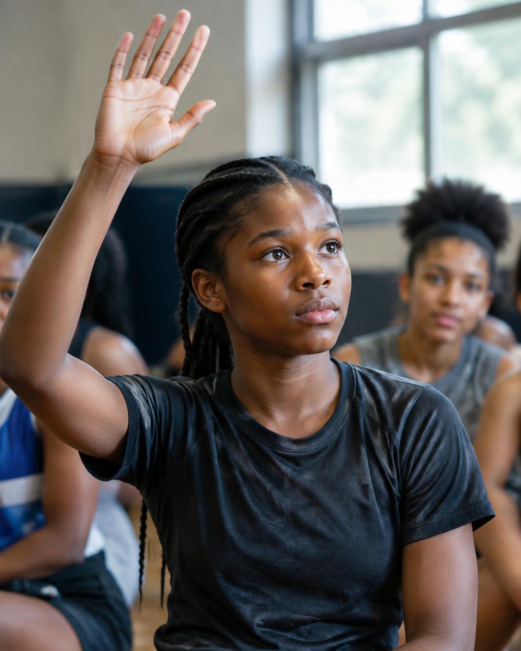 Young athlete raising her hand during a mentorship session